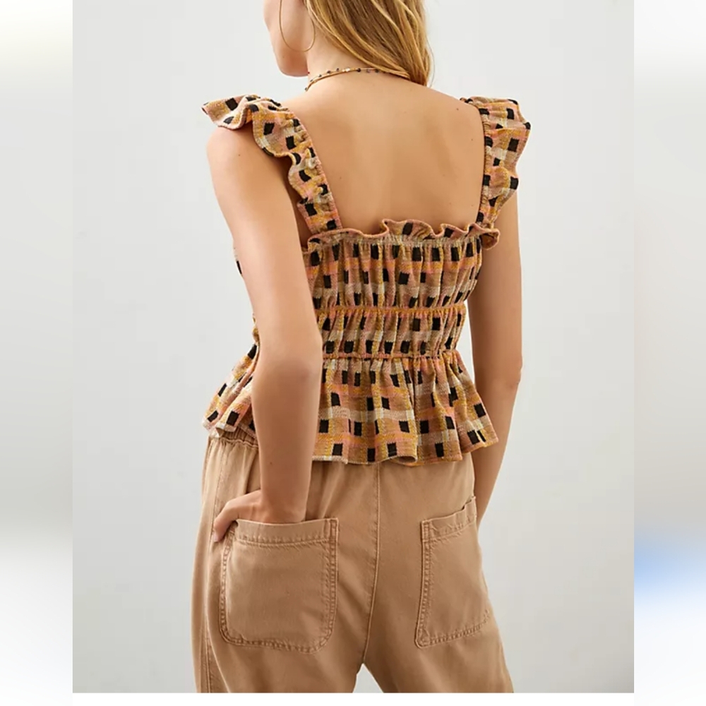 Eva Franco Ruffled Checkered Square Patterned Tan Multicolor Top Size Medium - Picture 5 of 13